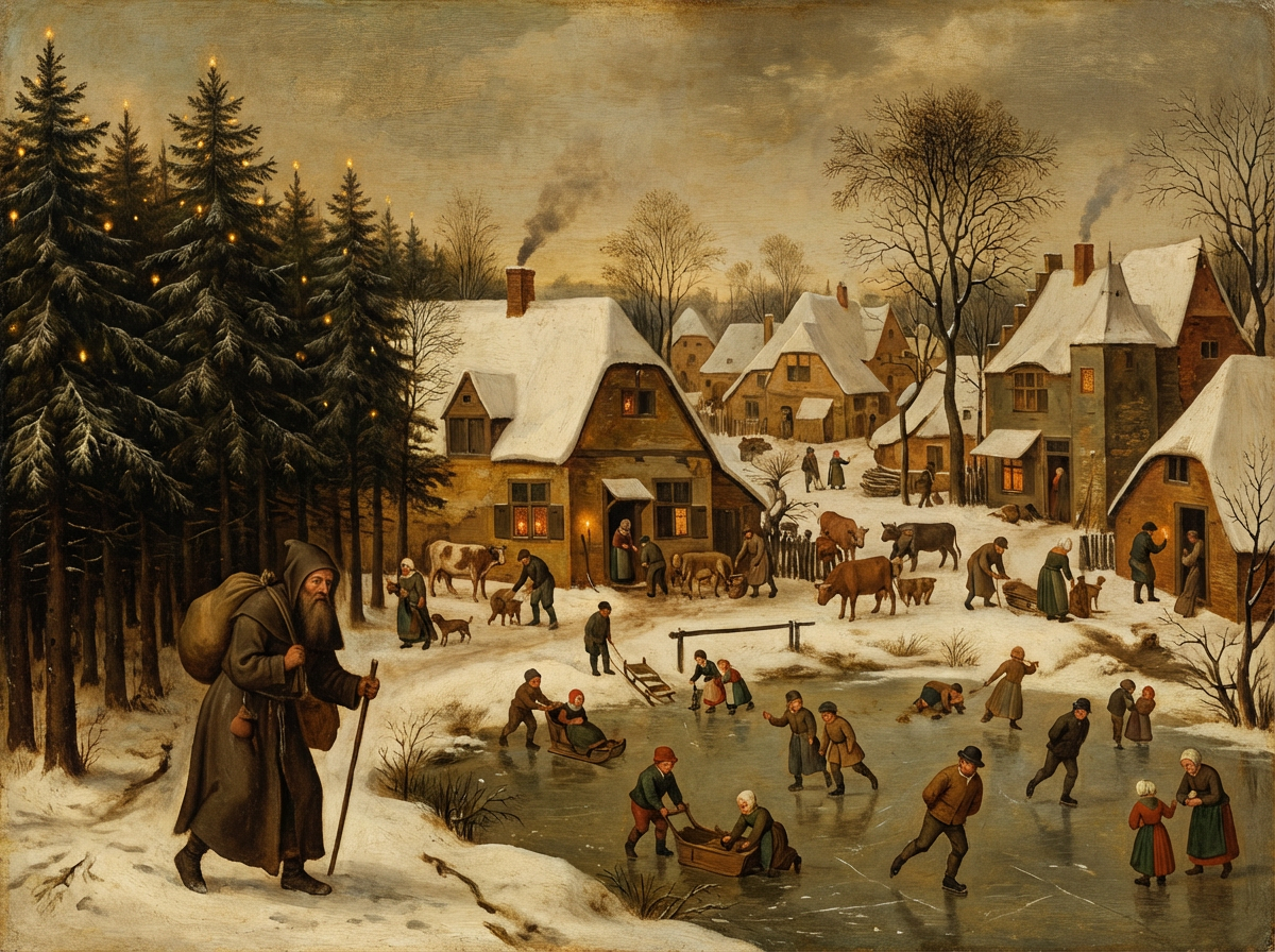 Eine weihnachtliche Winterszene mit Knecht Ruprecht